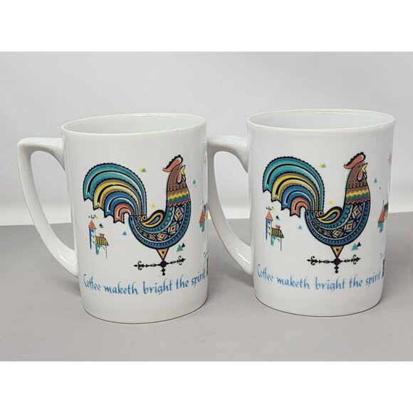 Set Of 2 Bengrøn Rooster Coffee Mugs‎ "Coffee Maketh Bright The Spirit" Quote - Picture 1 of 11